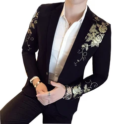 2024 Nieuwe Luxe Gouden Print Blazer Slim Fit Mannen Blazer Podium Doek Social Party Trouwjurk Man Zwart Pak Jas