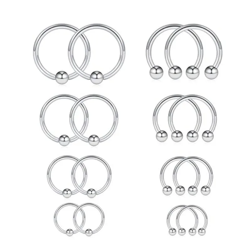 16pcs 16G Horseshoe & Captive Bead Nose Hoop Septum Earring Eyebrow Tongue Lip Nipple Helix Tragus Piercing Jewelry Rings 6-16mm