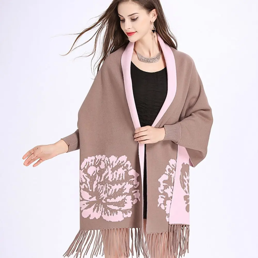 Oversized With Sleeves Floral Jacquard Cape Peony Pattern Thick Yarn Knit Shawl Scarf Casual Warm Poncho Wrap Wedding Party
