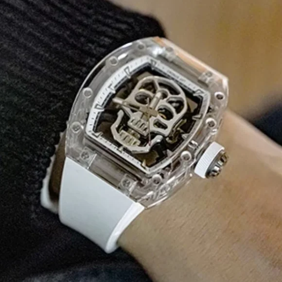 CRONUSART Men Automatic Watch 50mm Tonneau Mechanical Wristwatch Sapphire Case & Mirror Luminous FKM Strap Skeleton Skull Dial