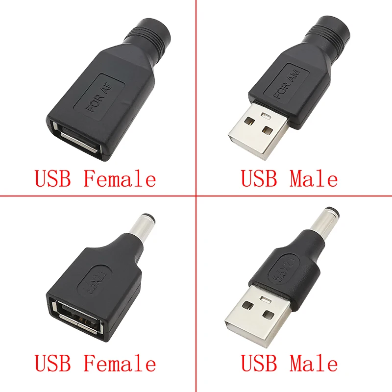 USB 2.0 Type A Male / Female to 5.5mm x 2.1mm DC Power Male / Female Jack Connector USB To DC 5V Charging Plug Converter Adapter