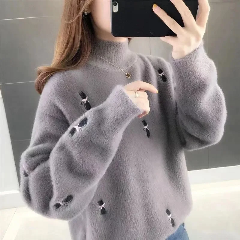 Autunno inverno donna mezzo collo alto maglia di lana di visone femminile maglione allentato maglione vento pigro donna Pullover a maniche lunghe