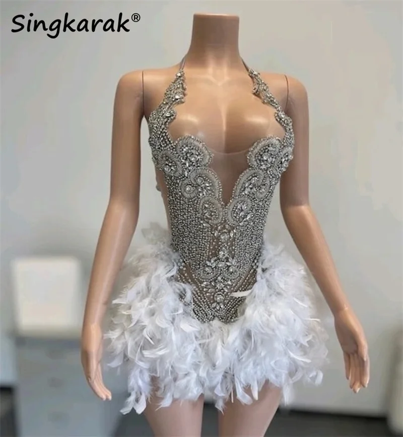 

Sexy Sparkly Diamonds Prom Dress Glitter Crystals Rhinestone Bead Feathers Graduation Birthday Party Cocktail Gown Customized