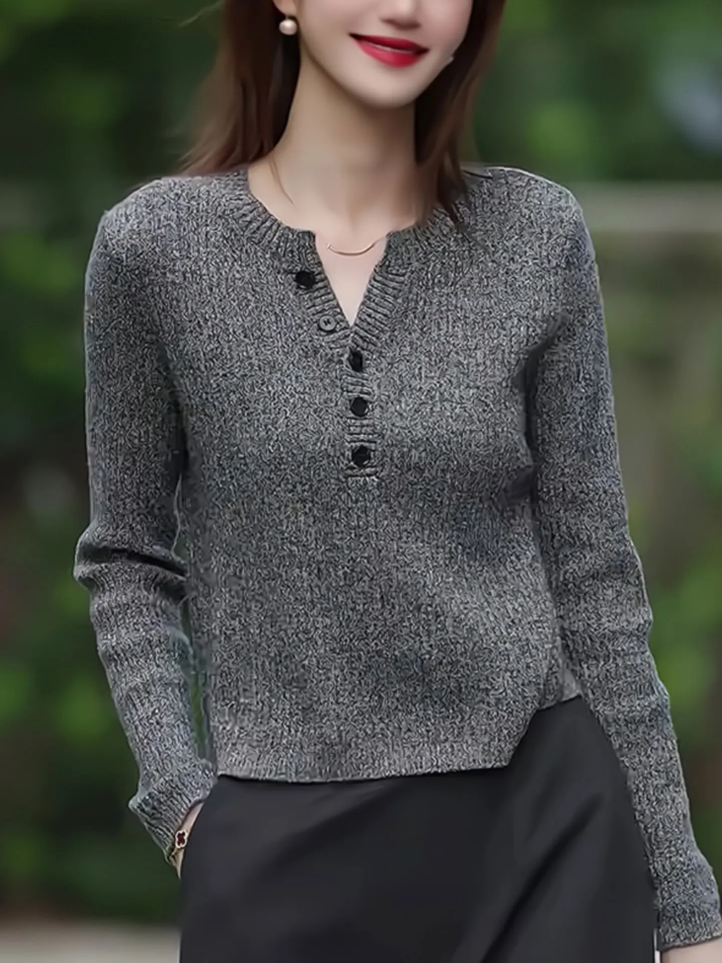 

Ele ey Long Sve Knitted Top Women's Base Layer irt f Buttoned Autumn Faion Design Stand Fit Commute Sle