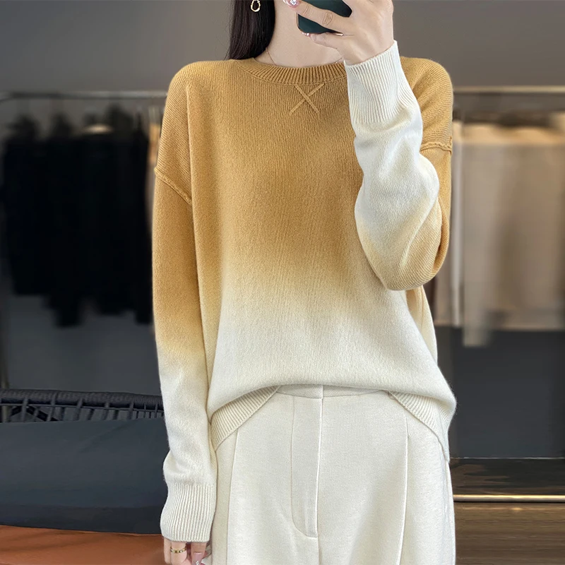 100% Merino wool gradient pullover for women, elegant round neck, casual, warm and fashionable knitted sweater for winter