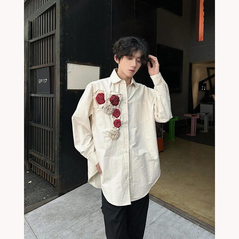 

Loose Long Sve Rose Flower Patterned irt ex Faionable Urban Sle Breathable Polyester Spring irt for Youth