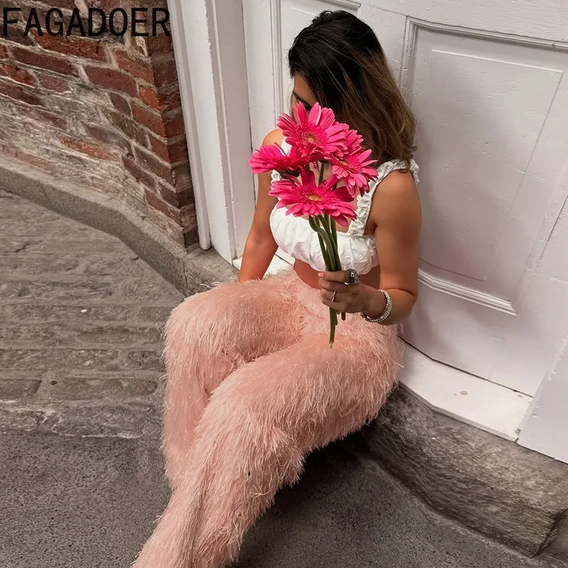 FAGADOER Autumn New Sexy Tassel Patchwork Bodycon Pants for Women Solid Color High Waist Pants Female Streetwear Bottoms 2025