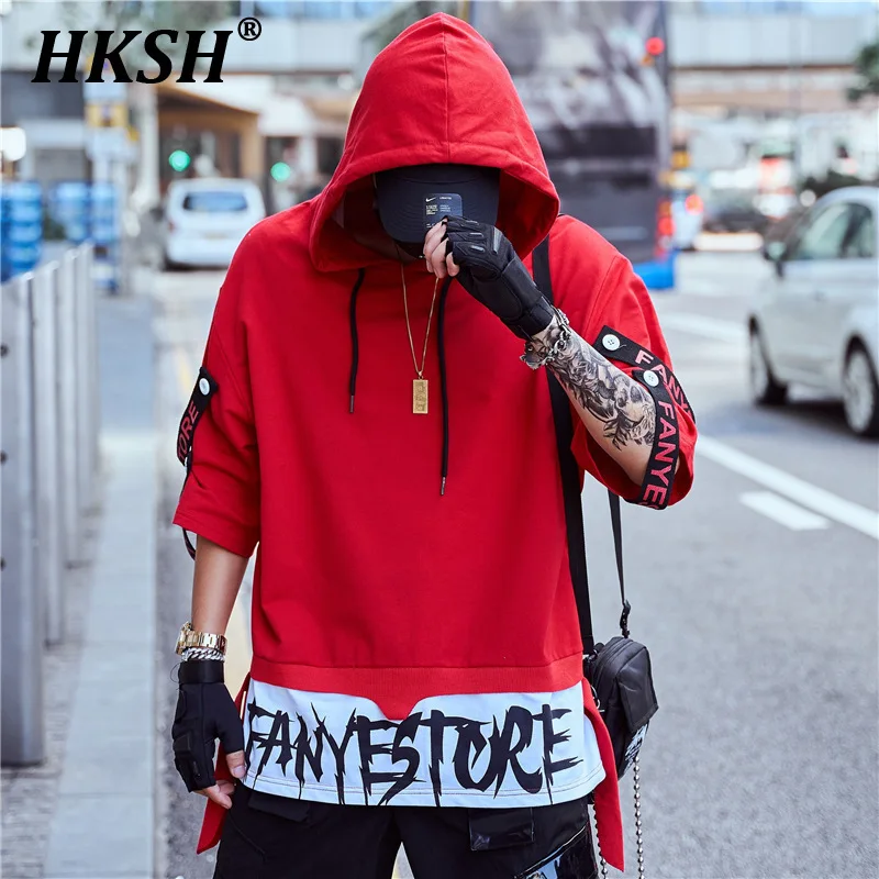 HKSH Spring Summer New Men's Tide Ins Ribbon Hooded Hip Hop Trendy T-shirt Fake Two-piece Loose Half Length Sleeve Hooded HK0881