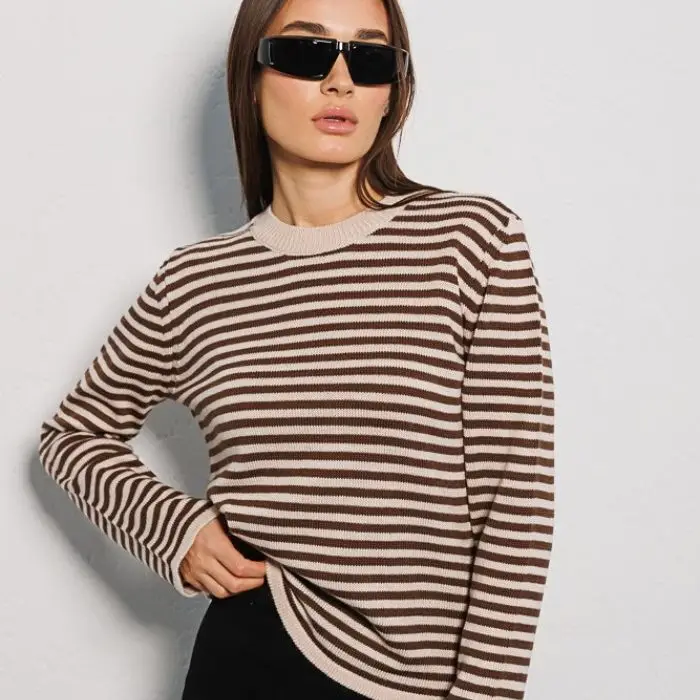 Striped 2024 Autumn New Fashion Trend Thread Contrasting Round Neck Knitted Striped Sweater