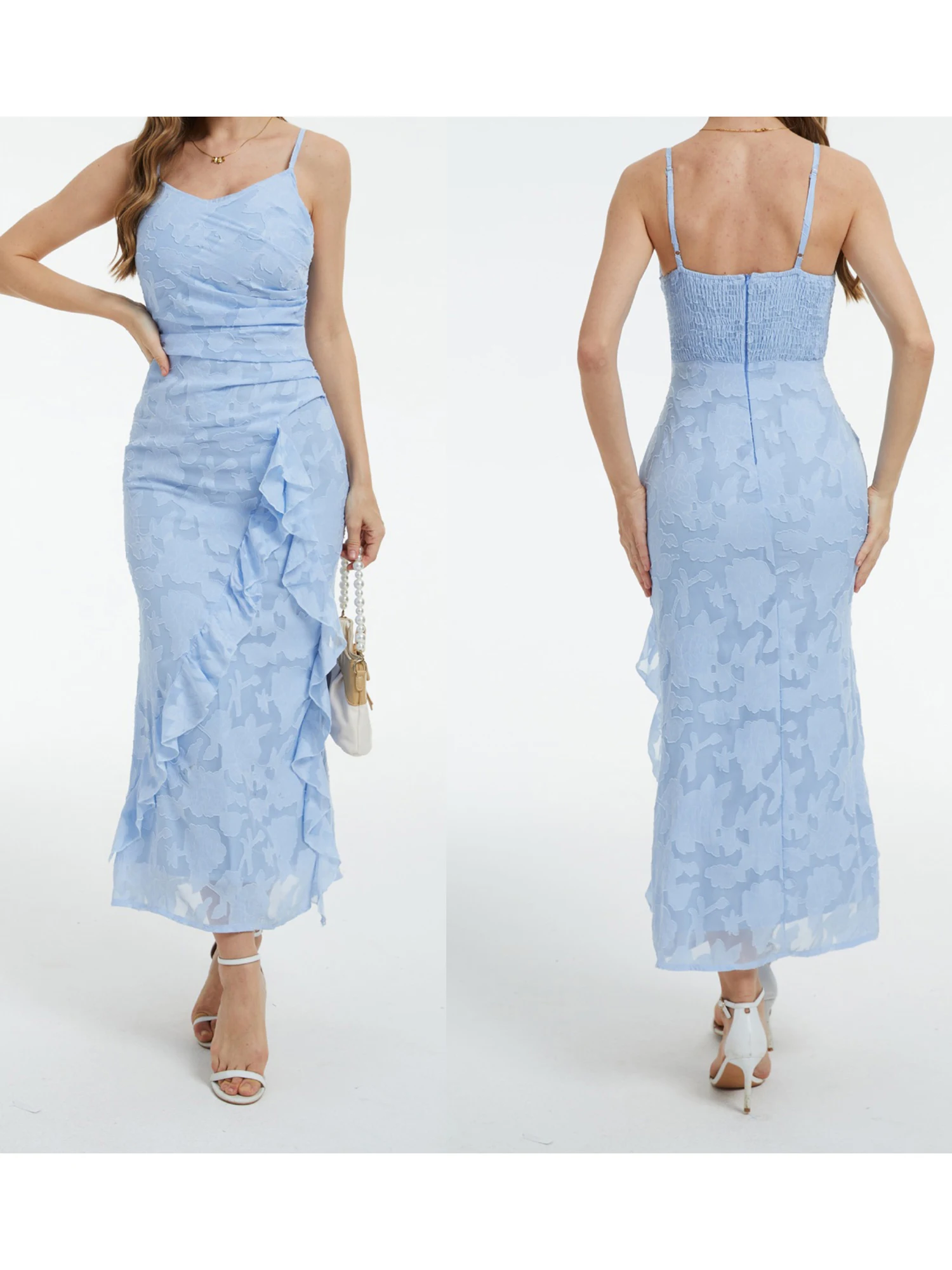 ชุดเดรสแม็กซี่แขนกุดคอวีหรูหราพร้อมชุดราตรีทรงเข้ารูปสำหรับงานปาร์ตี้และกิจกรรมในฤดูร้อน