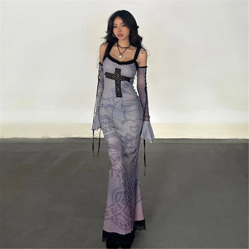 

Elegant Women Lace Goths Dress Gothic Long Dress Long Sleeve Spaghetti Bodycon Goths Dresses 066C