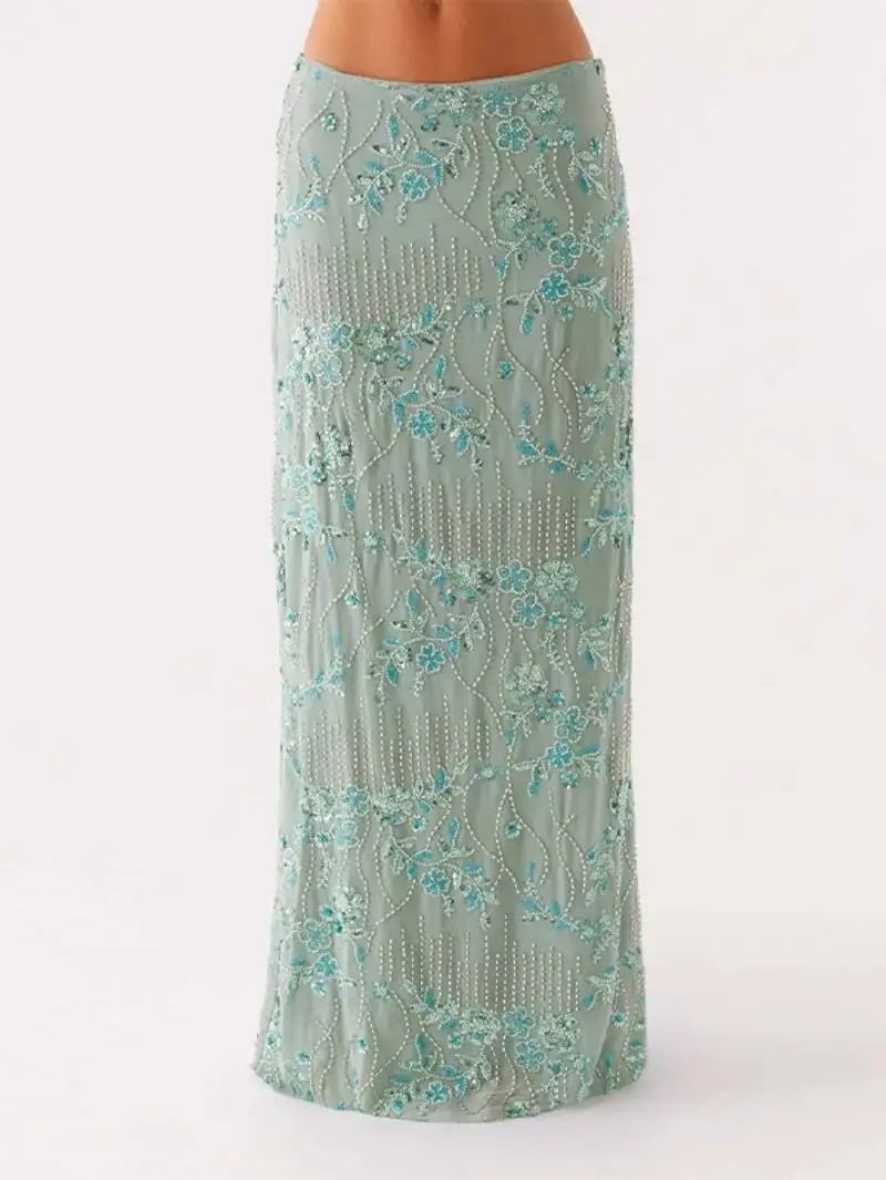 Seksowna długa spódnica z koralikami i cekinami, damska, jednolita, z niskim stanem, dopasowana, prosta, letnia, elegancka, idealna na wakacje na plaży, model JO6M