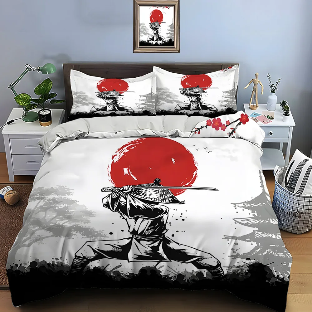 Samurai wielding sword, red sun background Bedding Set for Kids Luxury Gift 3pcs Digital Print Comforter Set Soft Comfortable
