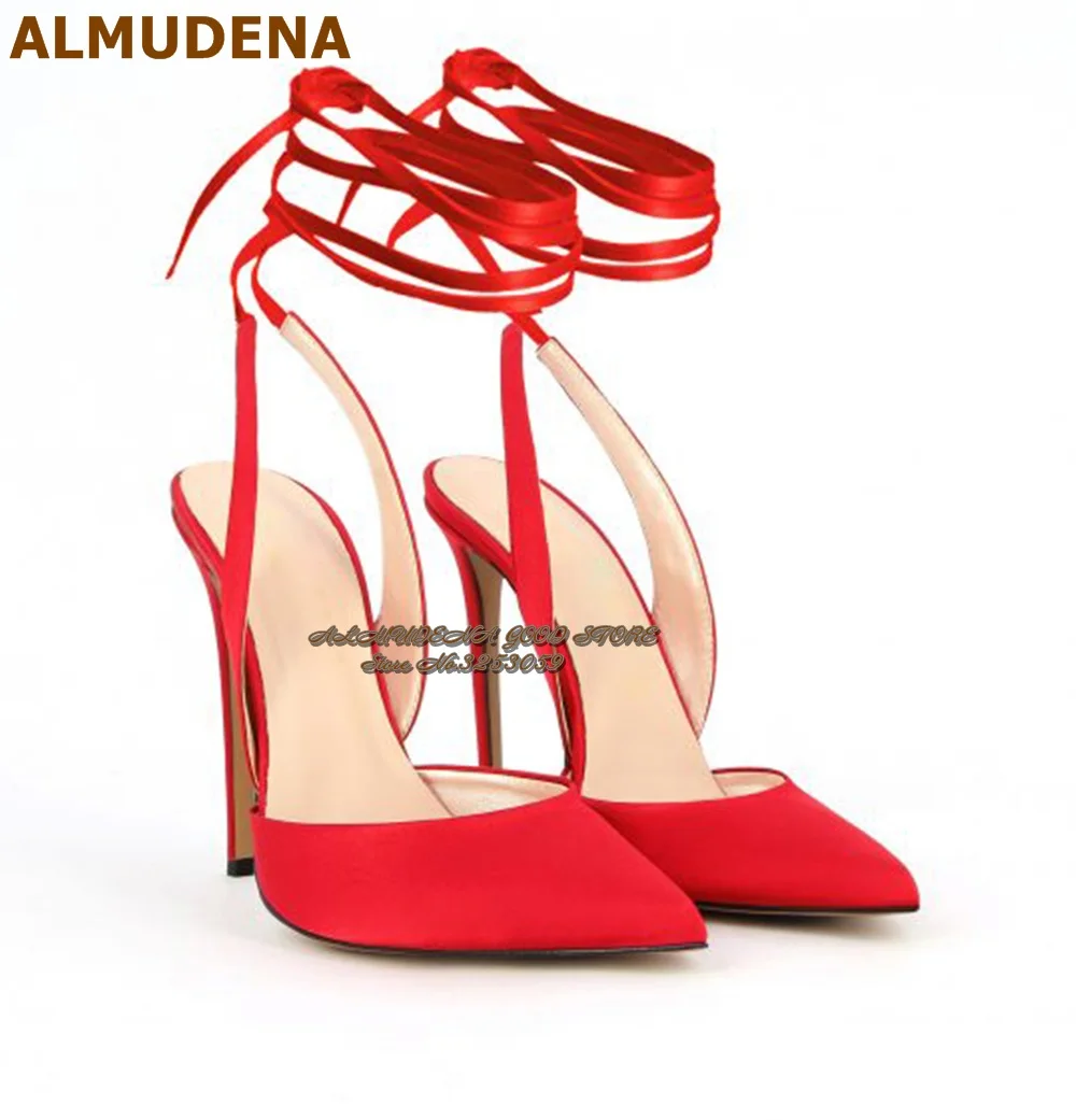 

ALMUDENA Hot Red Pink Green Satin Slingback Dress Shoes Pointed Toe Lace-up 12cm 10cm 8cm Sky High Heels Shallow Evening Shoes