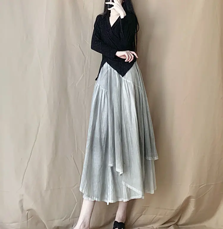 Falda larga Irregular de cintura alta elástica casera de verano falda de doble capa con estampado plisado y teñido de plantas