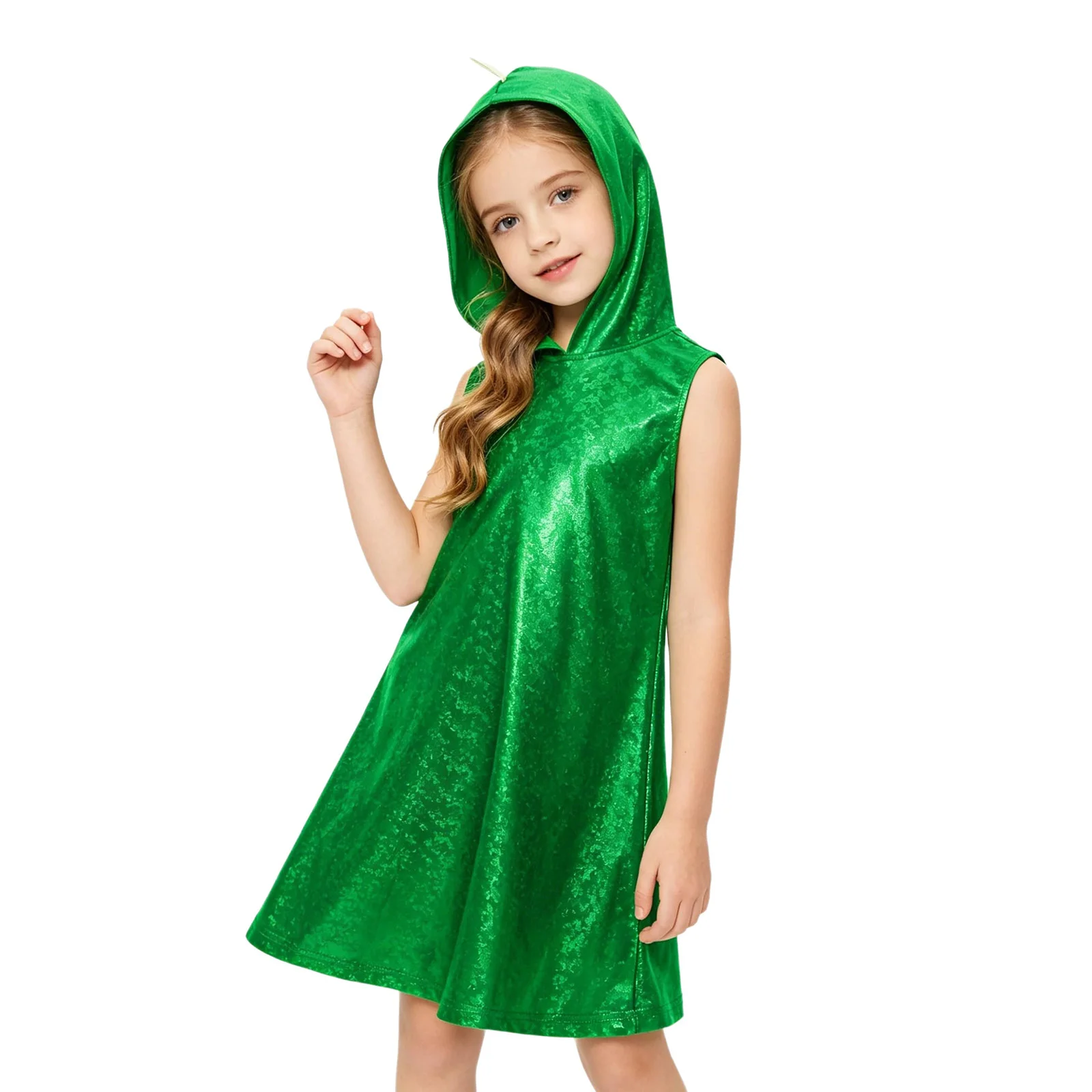 Kids Girls Metallic Dinosaur Dress Stage Performance Costumes Sleeveless Hooded 3D Tail Design Dress for Halloween Theme Party