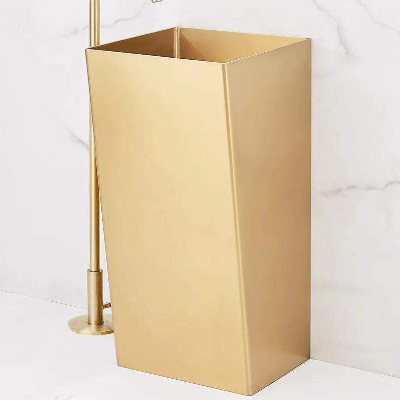 

Modern 304 Stainless Steel Square Column Basin Luxury Integrated Sink With Golden Electroplated Finish For Bathroom Use