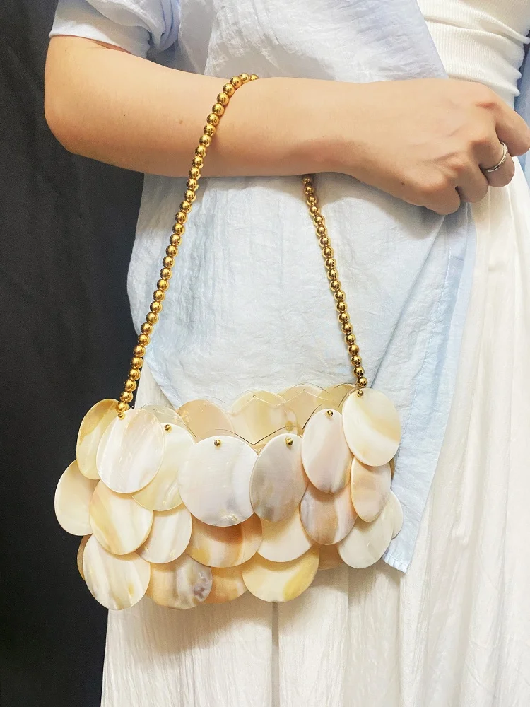 

Luxury Sequin Internal Chain Natural Shell Handmade Women's Handbag Fashionable Woven Bag Evening Bag Clutch Female Holiday Tote