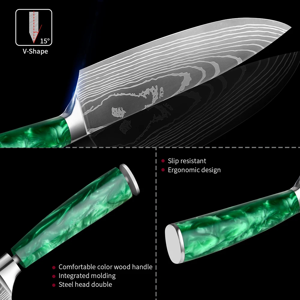 XITUO 1-10 PCS Kitchen Knives Sets Pro Chef knife Japanese Damascus laser pattern Santoku Slicing Knife Green Resin Handle