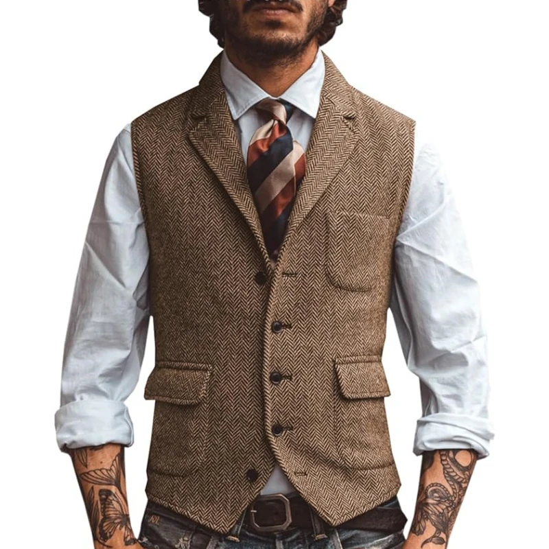 Men Vest Brown Herringbone Business Waistcoat Jacket Casual Slim For Wedding Groom Banquet Gilet Vest