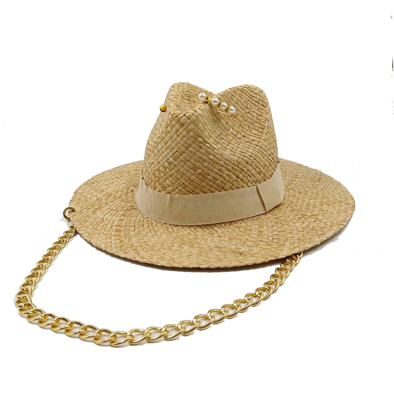 Summer Sunshade Hat Dome French Straw Hat Women\'s Metal Letter RB Decorative Straw Hat Holiday Sunshade Hat Punk Style Straw Hat