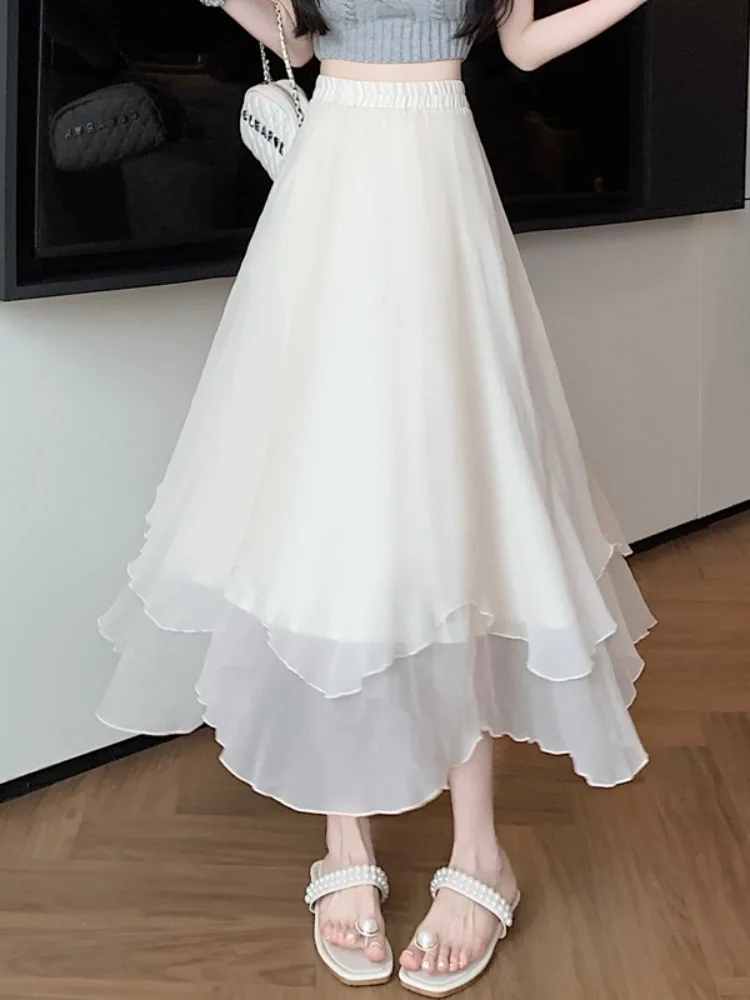 Summer White Asymmetrical Chiffon A-Line  Skirt Women's High Waist Umbrella Skirt Elegant Lady Commute Style Half Body Skirt
