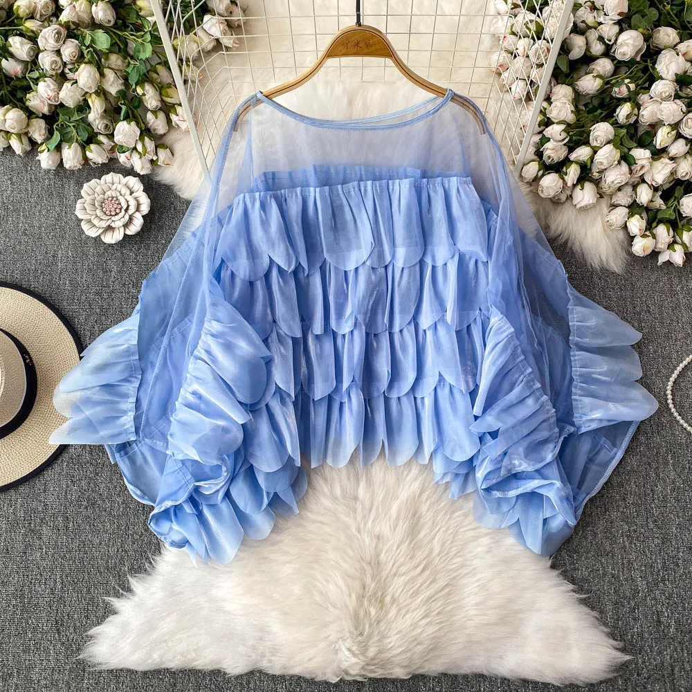 

Chic Sweet ruffle long sleeve loose Spliced Blouse Elegant French Fashion Sexy Shirt summer Women Top