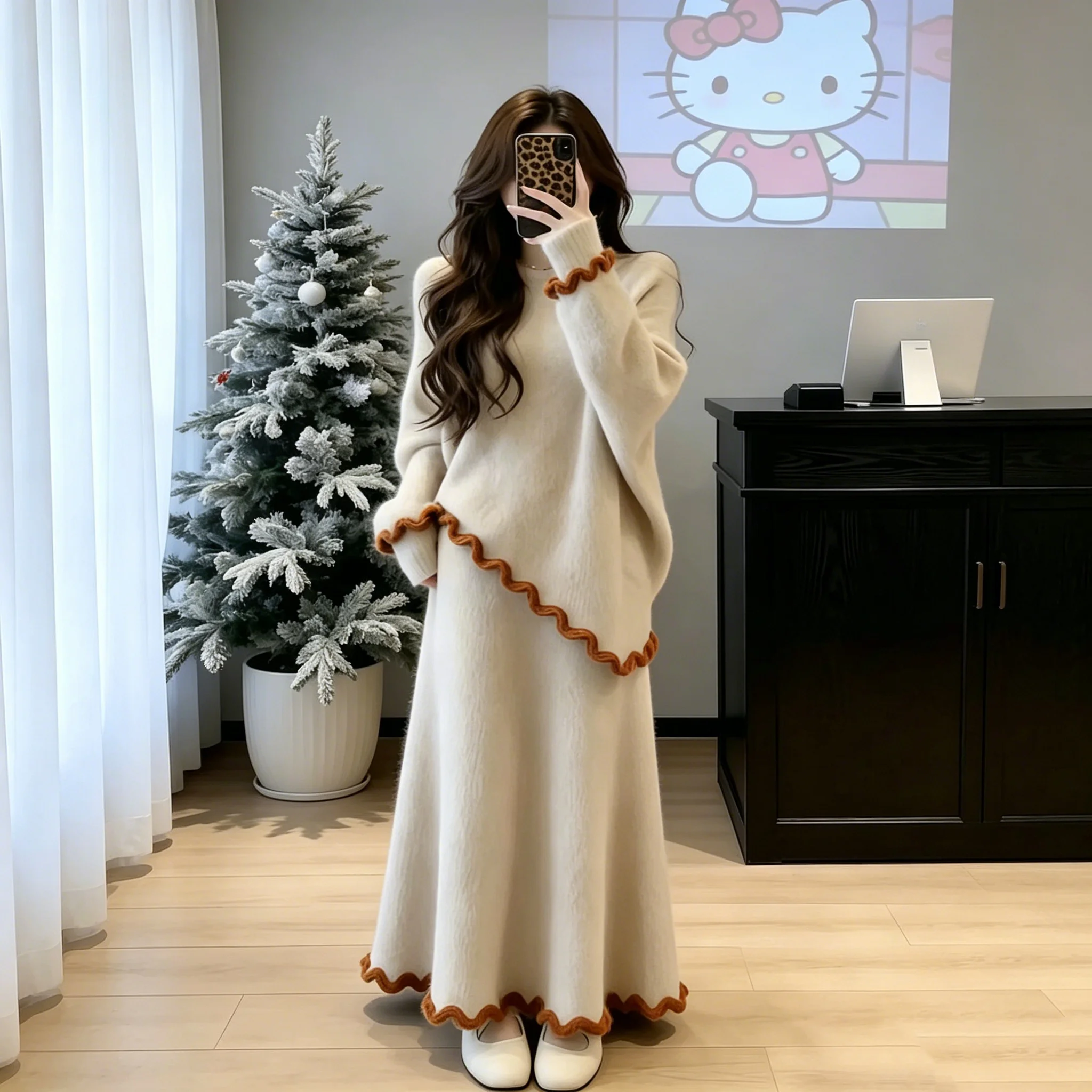 

Women's Beige Knit Two Piece Set 2026 New Spring Oversized Sweater Maxi Skirt Casual Lounge Outfit Irregular Knit Sweater Dress