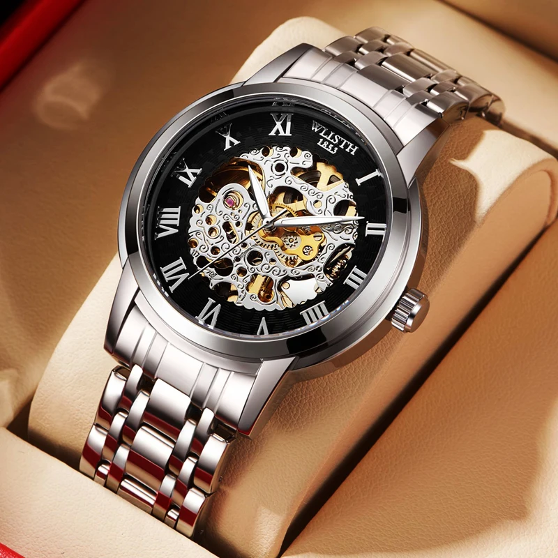 ساعة أوتوماتيكية فاخرة للرجل ساعة ميكانيكية مقاومة للماء مضيئة من الفولاذ المقاوم للصدأ ساعة أوتوماتيكية ساعات مجوفة relógios