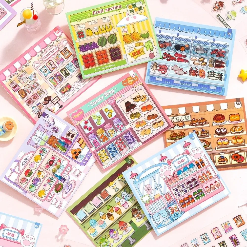 Store Themes 3D Sticker Book PET Simulation Games Miniature Scene Sticker 8 Mini Scenes Food Fruit Desserts Stacking Sticker