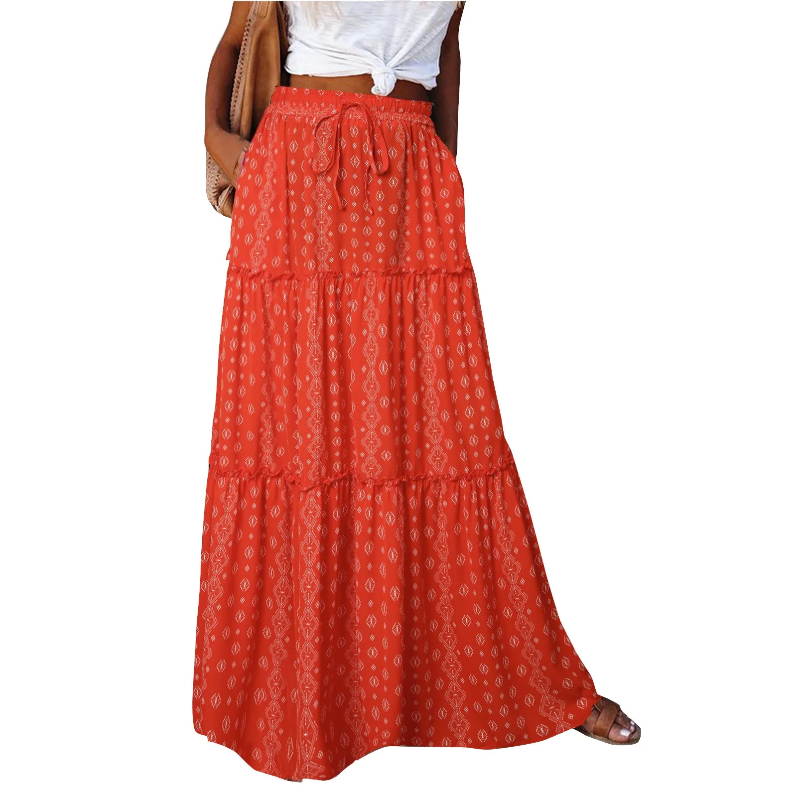 

Women'S Fashion Bohemian Print Elastic Waist Skirt Loose Casual High Waist Tie Long Skirt Elegant Women'S Dresses For Party