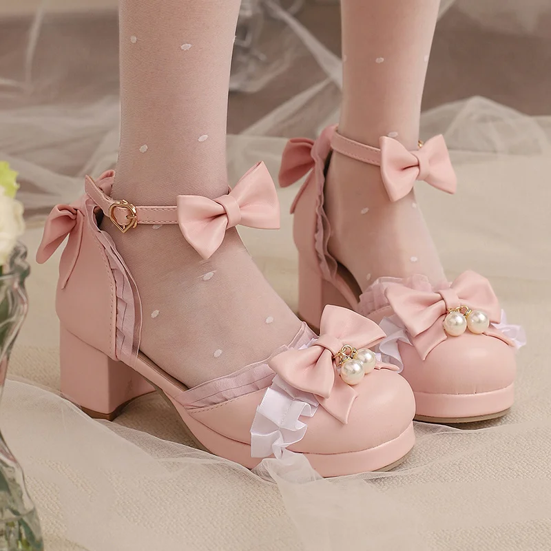 Fair Lolita Style Pearls Princess Sandals Summer 2024 Block High Heel Platform Butterfly-knot Wedding Party Women Shoes White