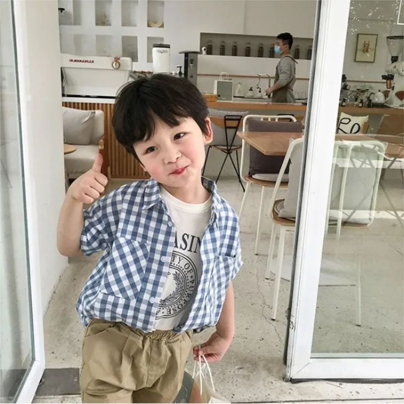 2026 New Boys' Plaid Short Sleeve Shirt Summer Kids' Wrinkle Resistant Korean Style Toddler To Big Kids Tops