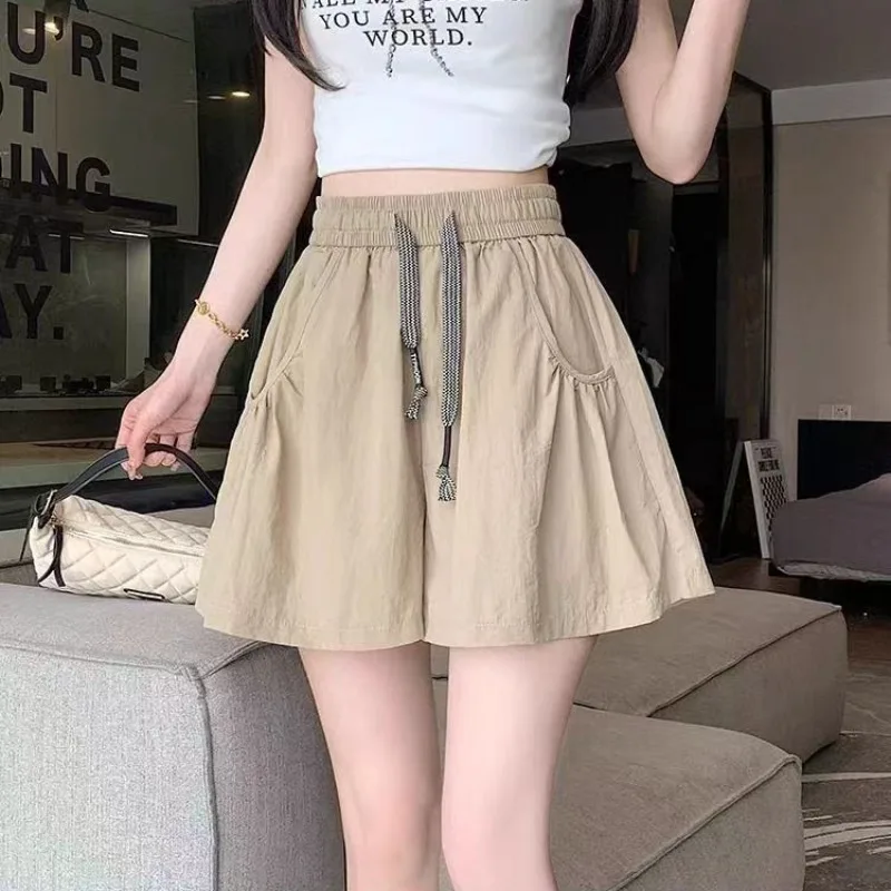 여성용 여름 2026 얇은 치마 요가 핫팬츠 아이스 실크 야마모토 와이드 레그 쇼츠 솔리드 컬러 포켓 레이스업 숏팬츠