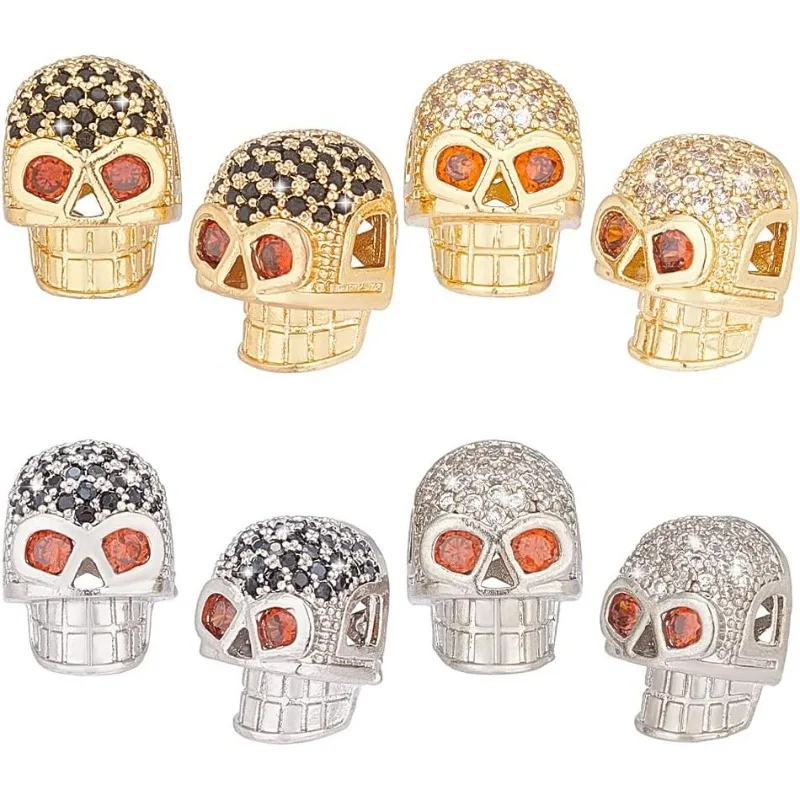 

8pcs 18k Gold Plated Skull Beads 2 Colors Skeleton Head Spacer Beads Brass Micro Pave Cubic Zirconia Skull Head Bead