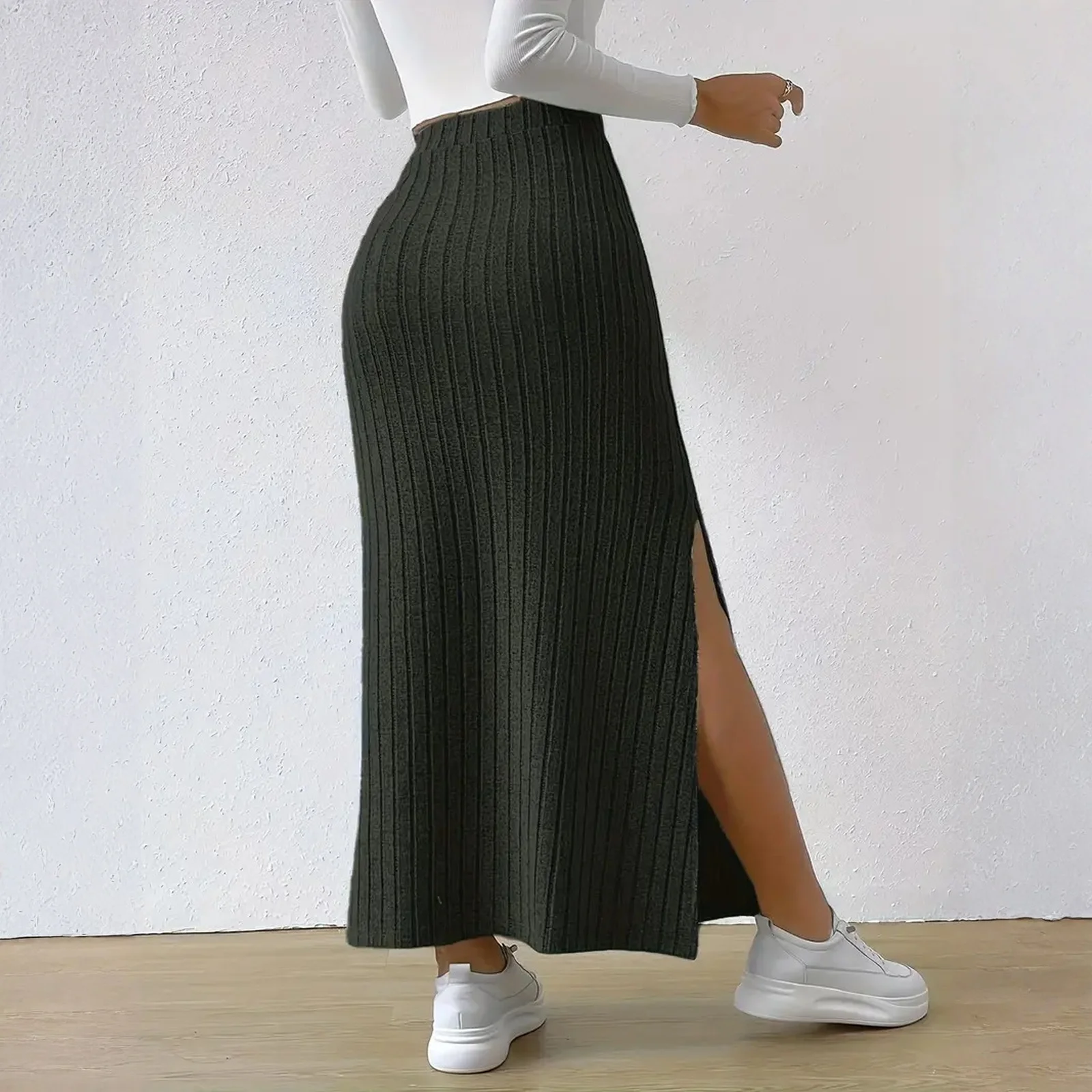 Women'S Fall Winter Skirt Casual Solid Color Knitted Thick High Waist Slit Skirt Slim Split Hem Maxi Skirt Skirts For Women