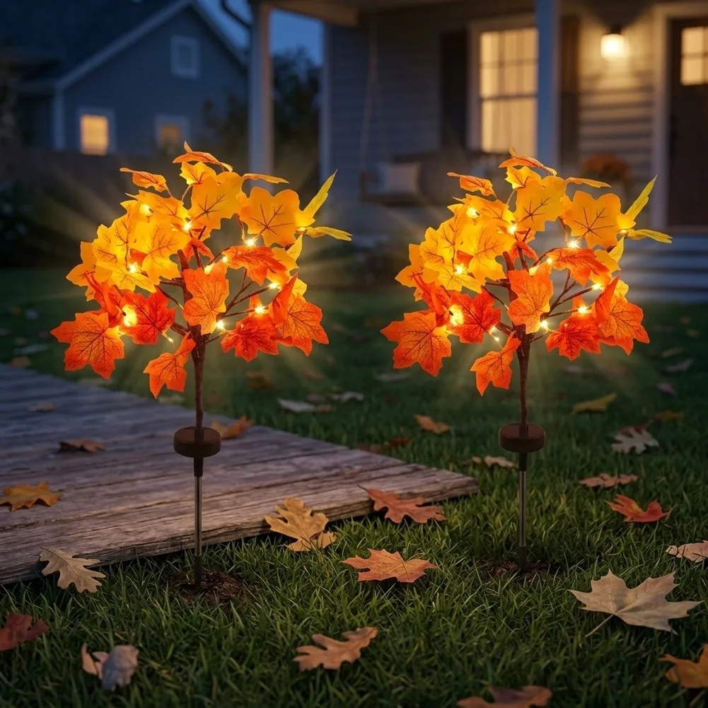 Outdoor Solar Maple Leaf & Pumpkin Lights - 30-Inch LED Garden Decor Outdoor -Solar Maple Leaf Pumpkin Lantern