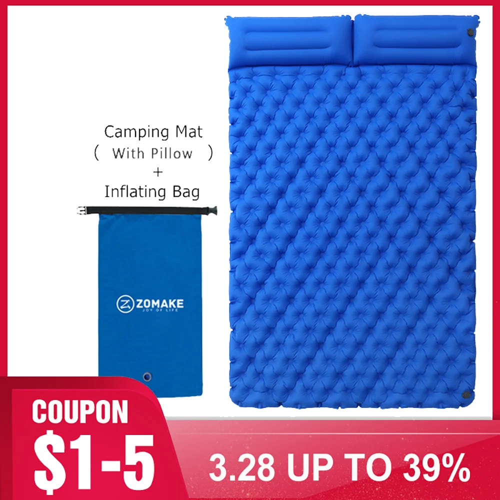 Zomake-Colchón inflable para acampar al aire libre, colchoneta para dormir con almohada, 2 personas, almohadilla grande impermeable, grueso, bomba