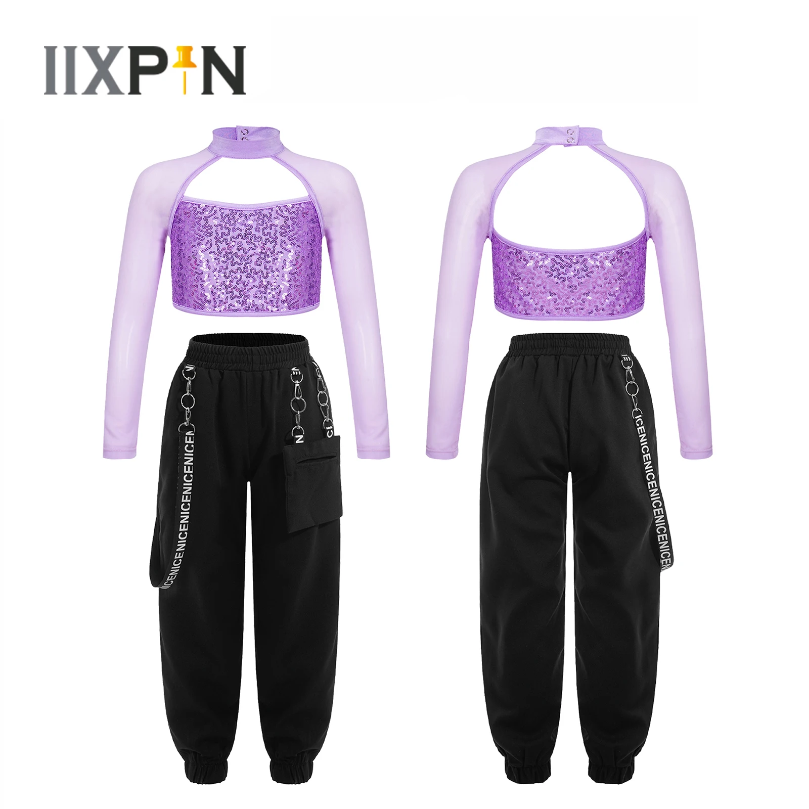 

Kids Girls Hip-hop Dance Costume Outfit Streetwear Long Sleeve Shiny Sequins Crop Top T-shirt+Chain Pocket Pants for Performance