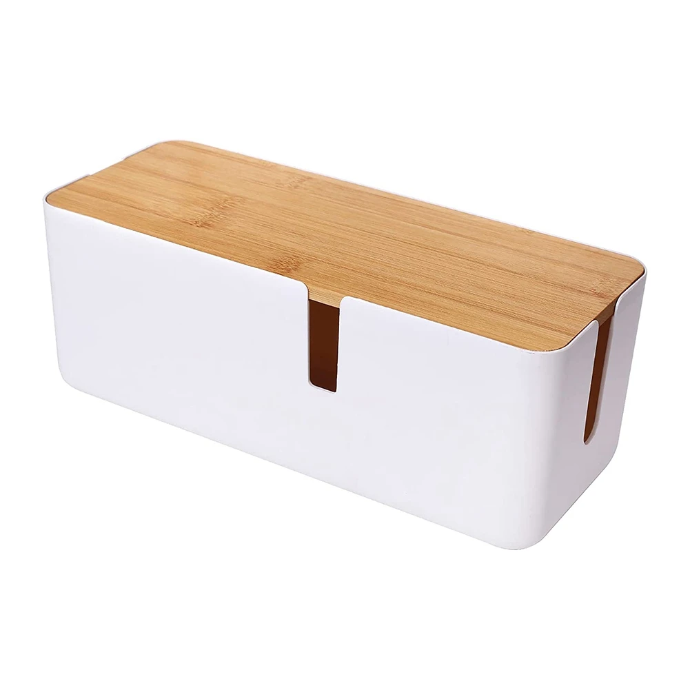 Cable Management Box with Bamboo Lid Small Cable Organizer Box for Extension Cord Power Stripe Surge Protector(White)