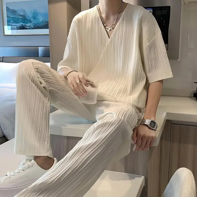 LIBIELIY 2025 New Men's 2 Piece Outfits Short Sleeve Crewneck Summer T Shirt And Drawstring Casual Loose Ankle Length Pants Sets
