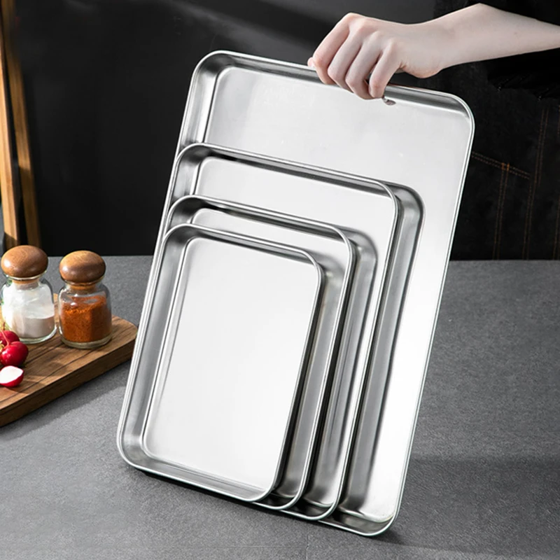 Stainless Steel Thick Food Storage Trays Rectangle Steamed Sausage Dish Restaurant Bread Fruit Plate Kitchen Utensils