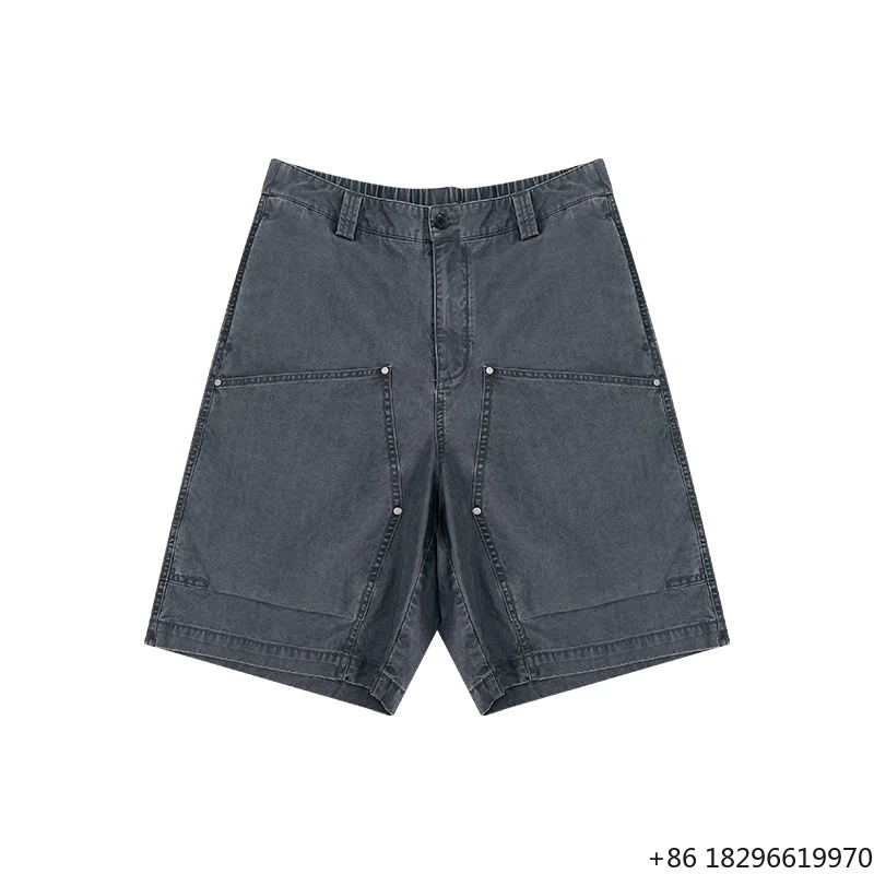 Custom Heavyweight Washed Denim Cargo Shorts Mens Baggy Fit Multi Pocket Rivet Streetwear Jean Shorts