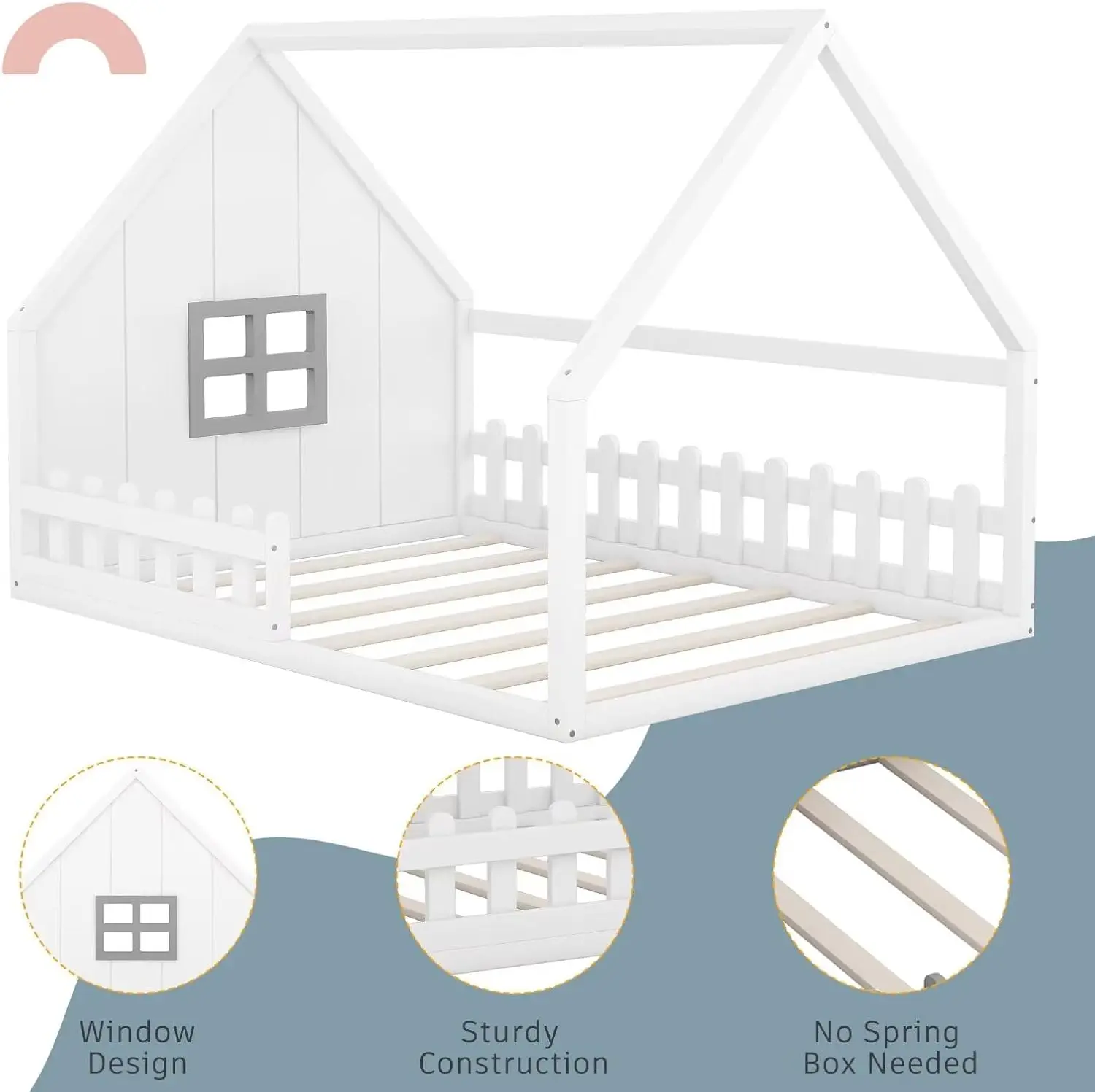 Pełnowymiarowe łóżko domowe dla dzieci, drewniane łóżko podłogowe Montessori z ogrodzeniem i oknem, łóżko pełnoziarniste z szynami dla dziewczynek i chłopców, białe