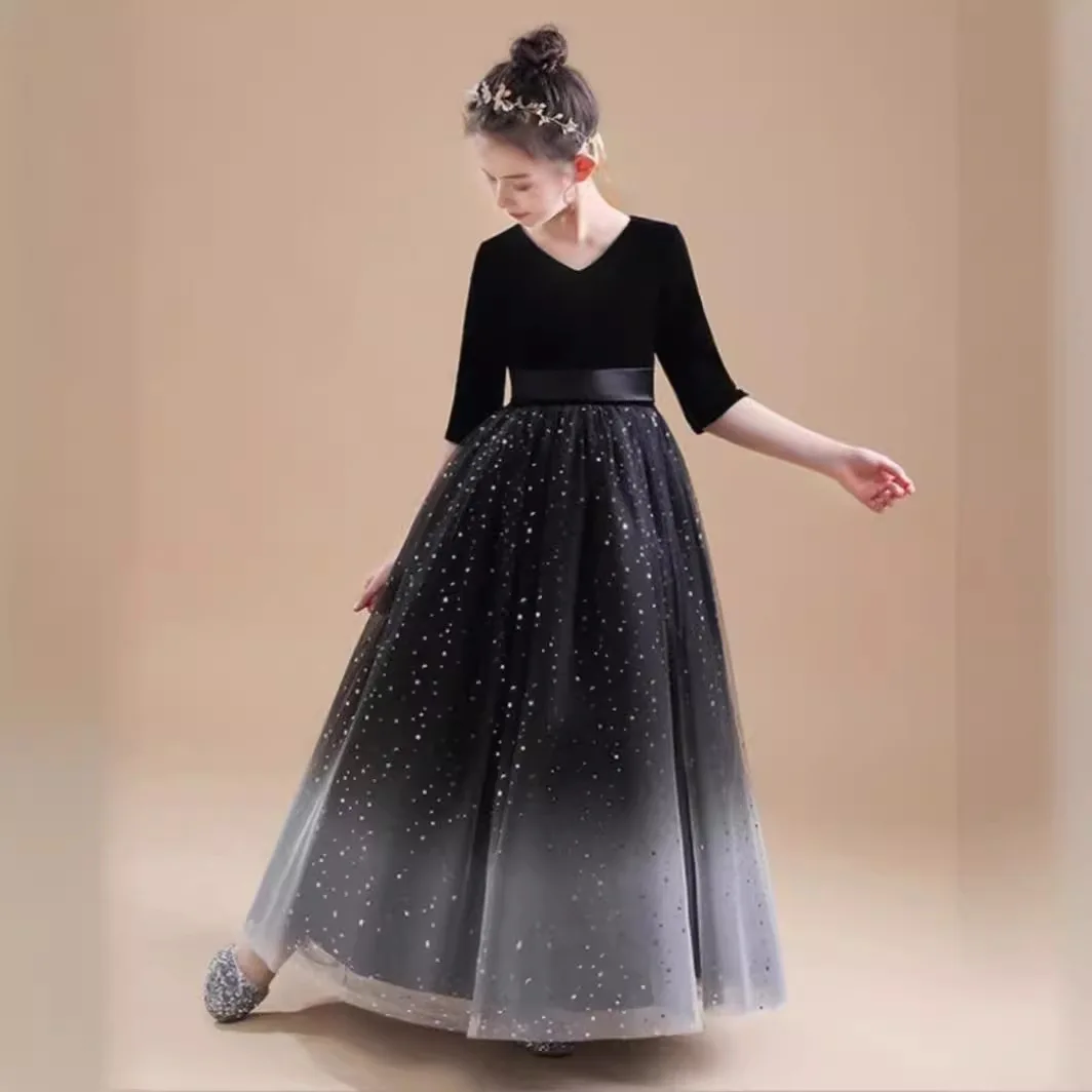 Sukienka dla dziewczynki do sypania kwiatów Yiiya, granatowy aksamit, tiul, dekolt w serek, rękawki do połowy ramienia, zamek błyskawiczny z tyłu, krój A, długość do podłogi, model T061