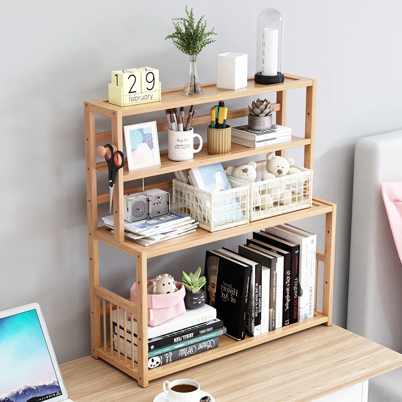 3-tier Wooden Bookshelf Desktop Sundries Stationery Organizer Bamboo Bookcase Furniture Magazine Holder Home Decor Display Shelf