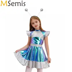Girls Outer Alien Space Man Robot Cosplay Outfits Cutie Alien Astronaut Costume Glossy Metallic Cap Sleeve Alien Dress Clothings