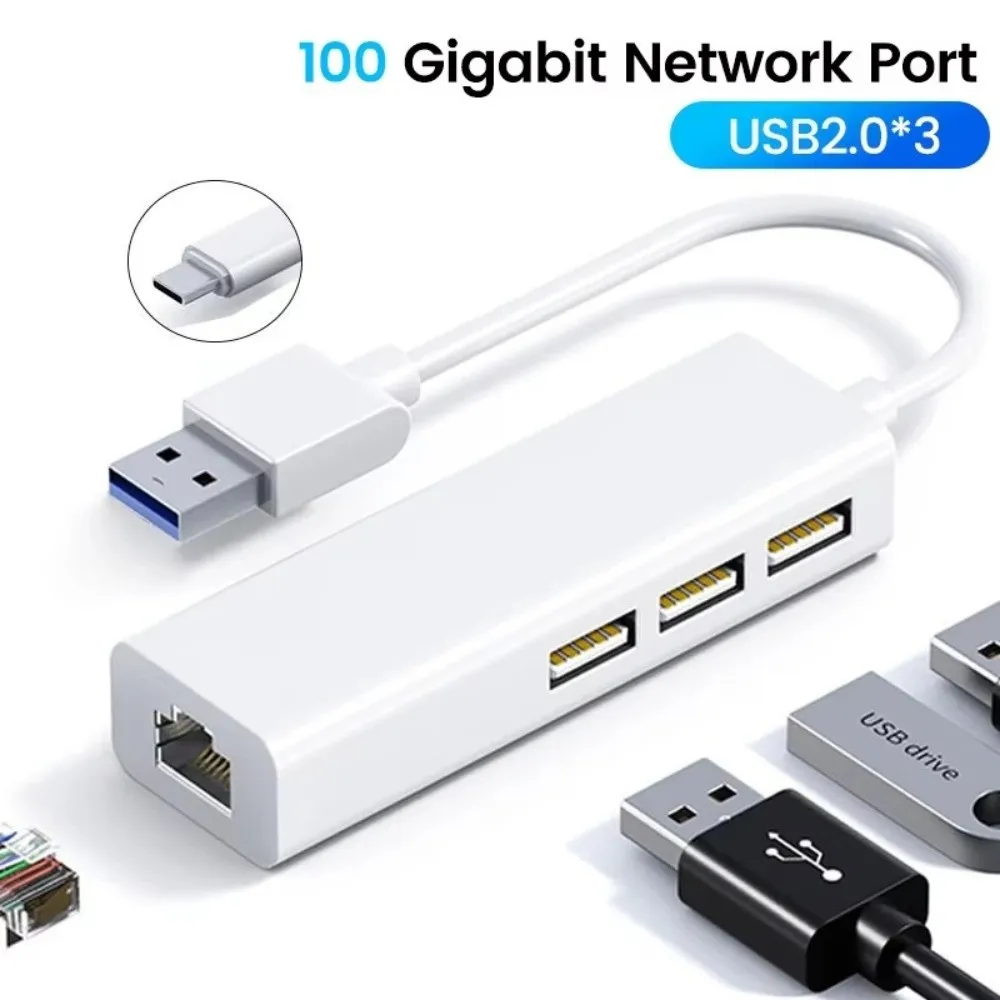 High-Speed High-Speed USB Ethernet Adapter Type C 10/100 Ethernet Ethernet Adapter Network Card 3 Ports USB 2.0 USB Hub for PC