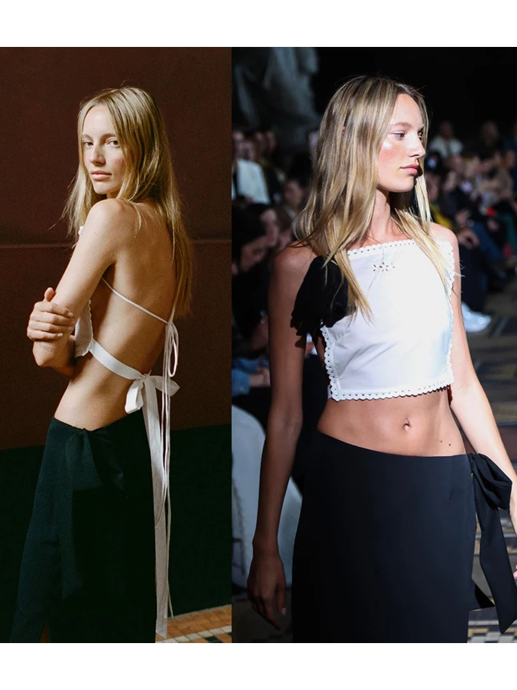 Nordic Fairy Style Neck Hanging Belly Hoop Heavy Embroidery Hollow out Lace Trim Strap Women's Breathable Short Cotton Vest