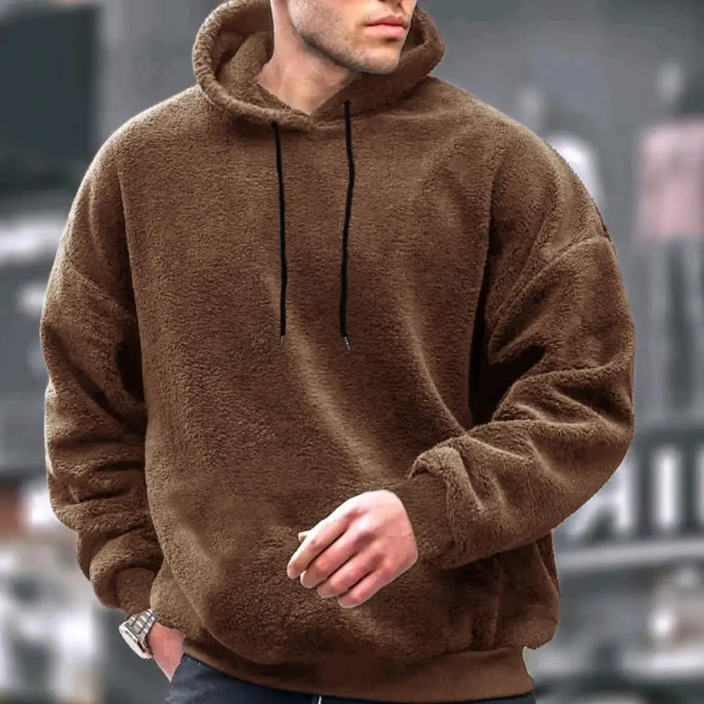 Cuffed Hoodie Men's Thick Plush Hoodie with Drawstring Solid Color Long Sleeves Loose Fit Casual Sport Top for Fall Winter Solid